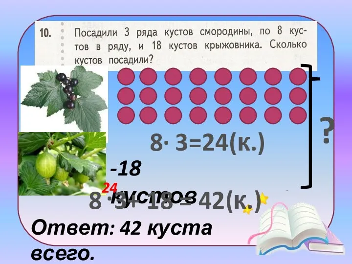 -18 кустов 24(к.) 24 Ответ: 42 куста всего.