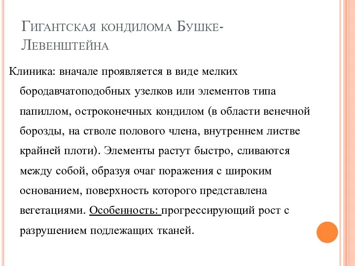 Гигантская кондилома Бушке-Левенштейна Клиника: вначале проявляется в виде мелких бородавчатоподобных