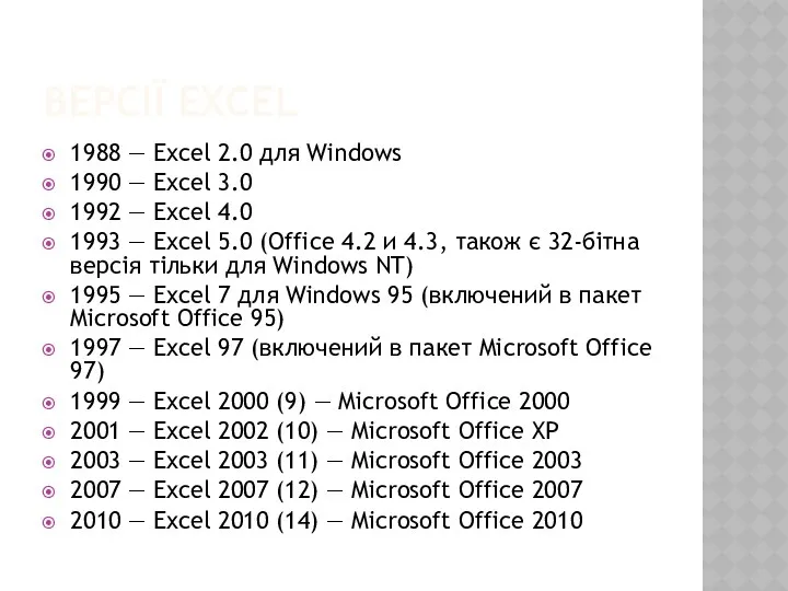 ВЕРСІЇ EXCEL 1988 — Excel 2.0 для Windows 1990 —