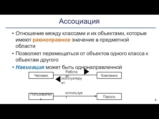 Ассоциация Отношение между классами и их объектами, которые имеют равноправное