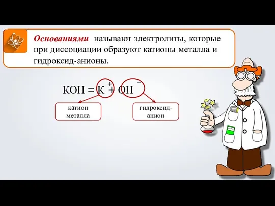 Основаниями называют электролиты, которые при диссоциации образуют катионы металла и