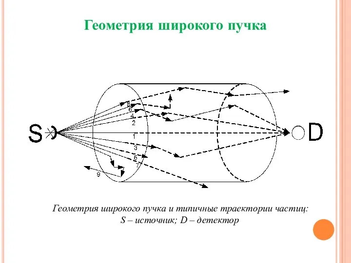 Геометрия широкого пучка Геометрия широкого пучка и типичные траектории частиц: S – источник; D – детектор