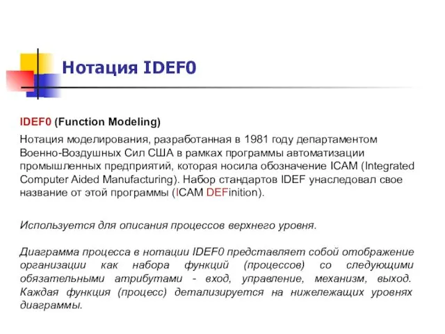 Нотация IDEF0 IDEF0 (Function Modeling) Нотация моделирования, разработанная в 1981