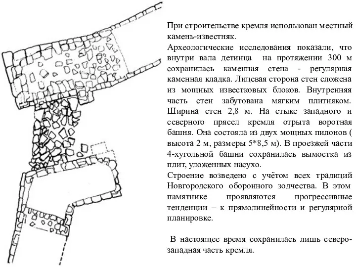 При строительстве кремля использован местный камень-известняк. Археологические исследования показали, что внутри вала детинца