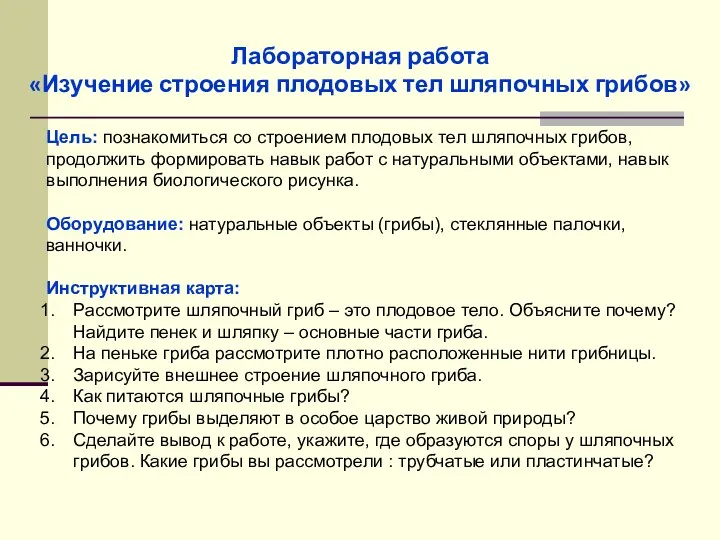 Лабораторная работа «Изучение строения плодовых тел шляпочных грибов» Цель: познакомиться