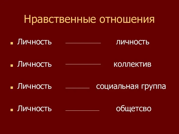 Нравственные отношения Личность личность Личность коллектив Личность социальная группа Личность общетсво