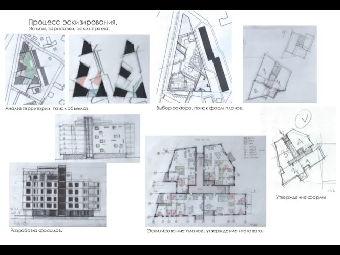 Процесс эскизирования. Эскизы, зарисовки, эскиз-проект. Анализ территории, поиск объемов. Выбор