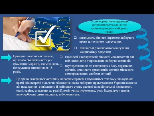 У цих нормативно-правових актах сформульовано такі головні принципи виборчого права: