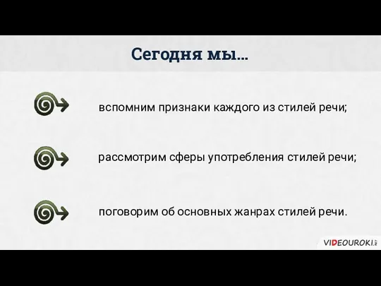 вспомним признаки каждого из стилей речи; рассмотрим сферы употребления стилей