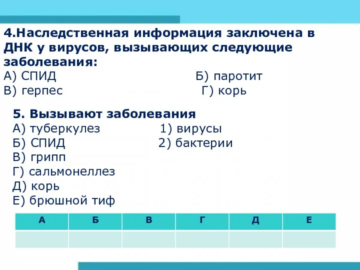 4.Наследственная информация заключена в ДНК у вирусов, вызывающих следующие заболевания: