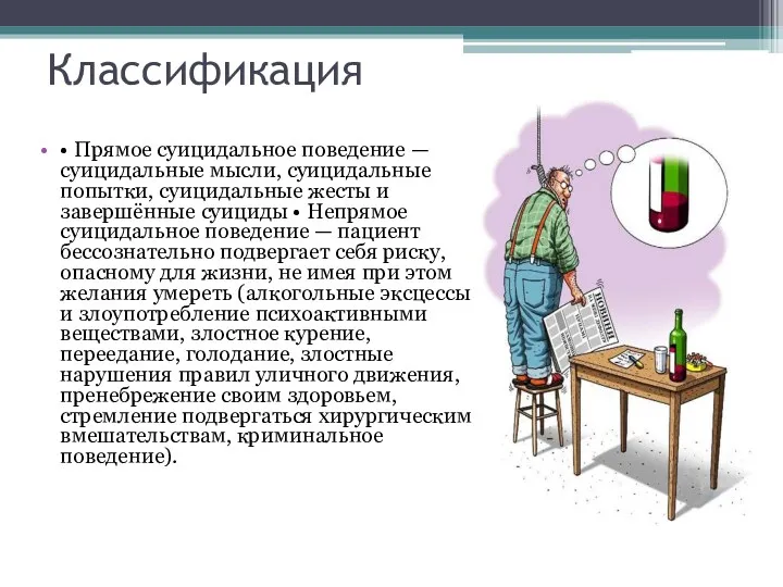 Классификация • Прямое суицидальное поведение — суицидальные мысли, суицидальные попытки, суицидальные жесты и