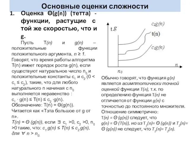 Основные оценки сложности Оценка Θ(g(n)) (тетта) - функции, растущие с