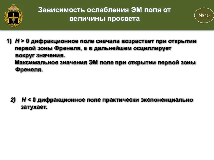 №10 Зависимость ослабления ЭМ поля от величины просвета 1) H