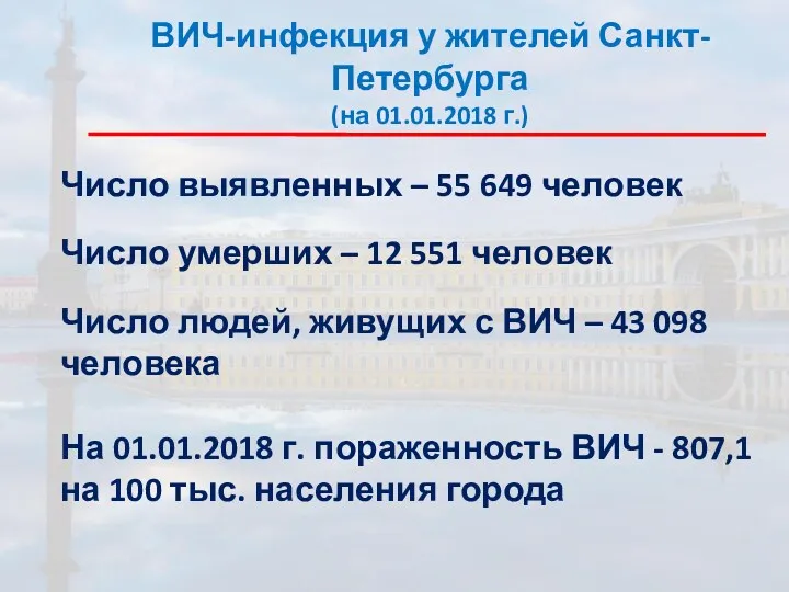 ВИЧ-инфекция у жителей Санкт-Петербурга (на 01.01.2018 г.) Число выявленных –