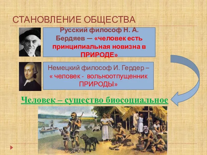 СТАНОВЛЕНИЕ ОБЩЕСТВА Русский философ Н. А. Бердяев — «человек есть