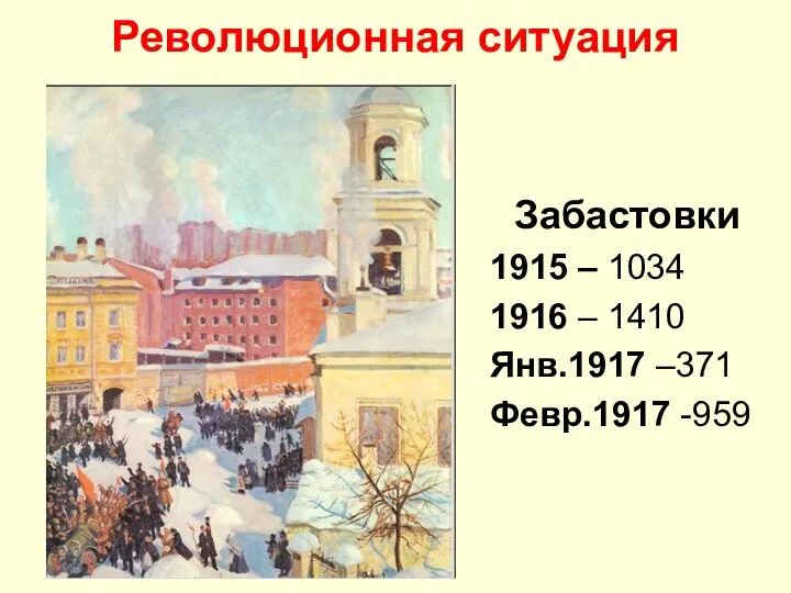 Революционная ситуация Забастовки 1915 – 1034 1916 – 1410 Янв.1917 –371 Февр.1917 -959