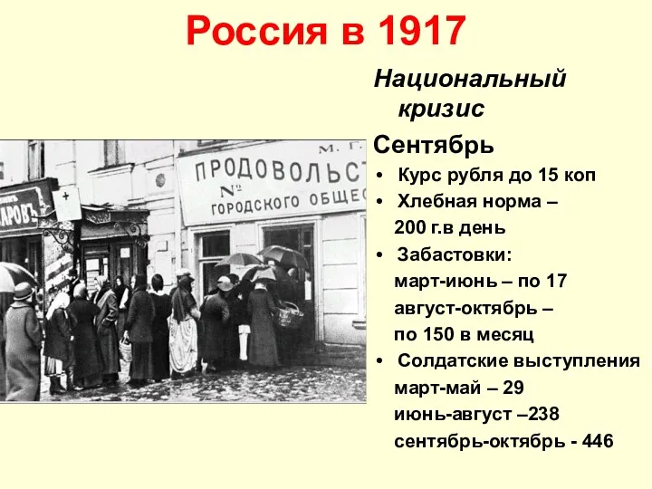 Россия в 1917 Национальный кризис Сентябрь Курс рубля до 15 коп Хлебная норма