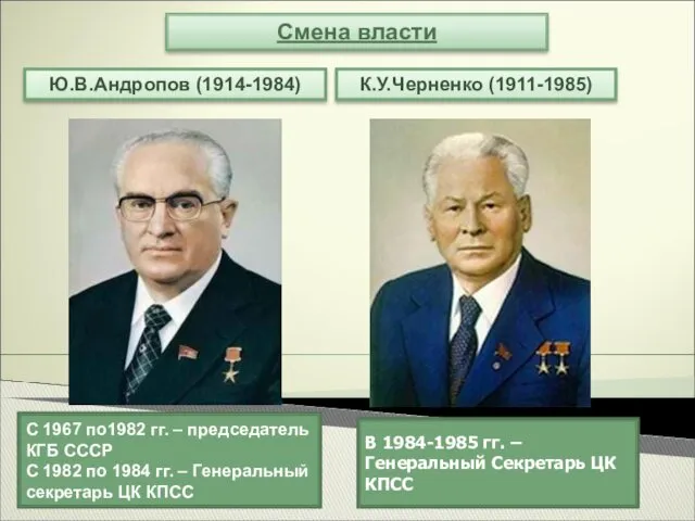 Смена власти Ю.В.Андропов (1914-1984) К.У.Черненко (1911-1985) С 1967 по1982 гг. – председатель КГБ