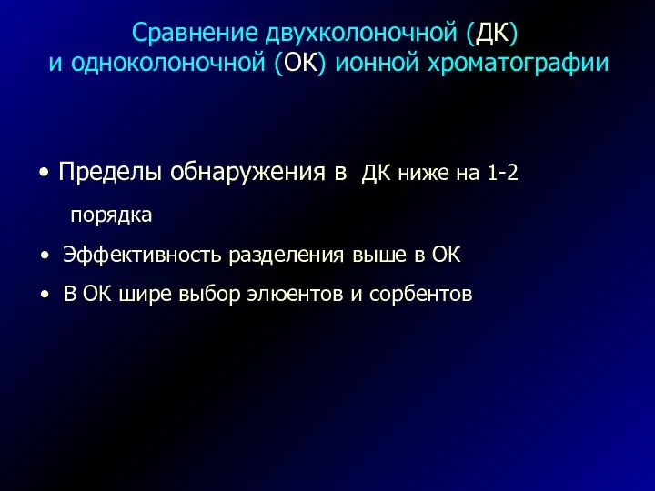 Сравнение двухколоночной (ДК) и одноколоночной (ОК) ионной хроматографии Пределы обнаружения