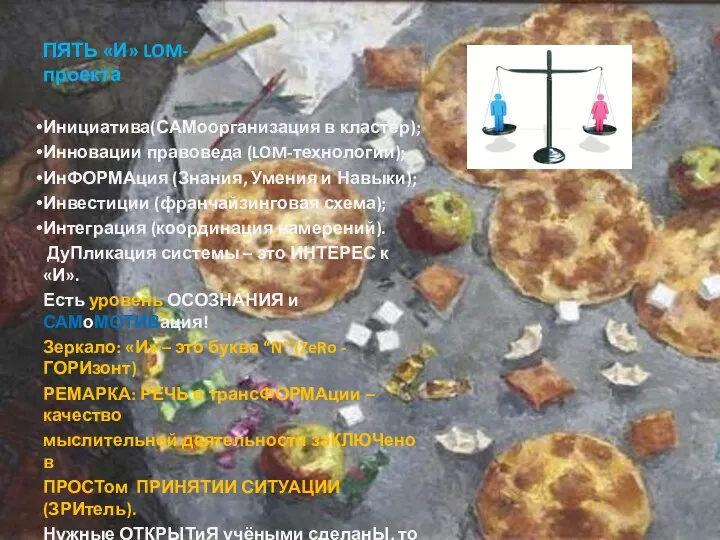 ПЯТЬ «И» LOM-проекта Инициатива(САМоорганизация в кластер); Инновации правоведа (LOM-технологии); ИнФОРМАция