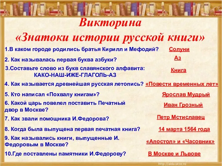 Викторина «Знатоки истории русской книги» 1.В каком городе родились братья