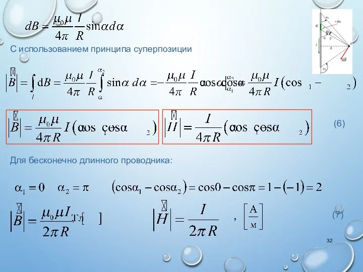 С использованием принципа суперпозиции Для бесконечно длинного проводника: (6) (7)
