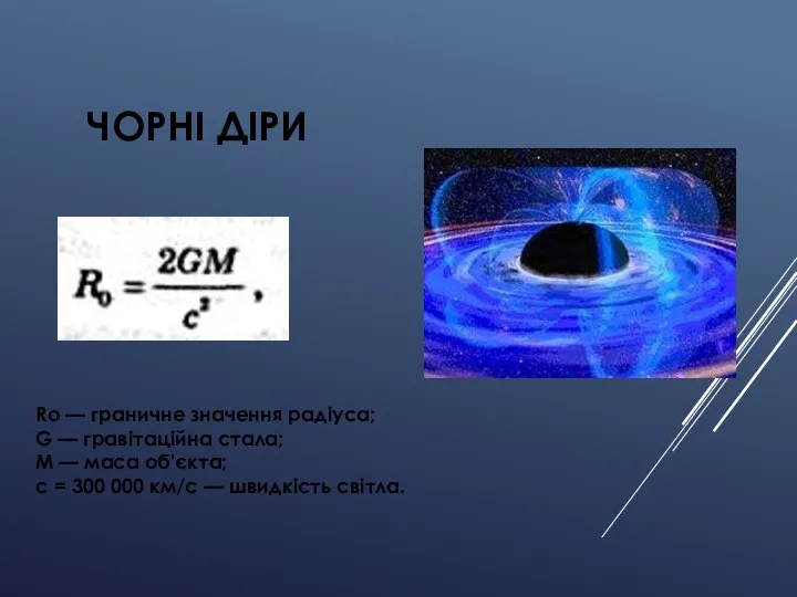 ЧОРНІ ДІРИ Rо — граничне значення радіуса; G — гравітаційна