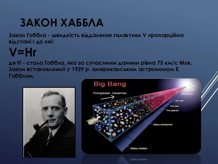 ЗАКОН ХАББЛА Закон Габбла - швидкість віддалення галактики V пропорційна