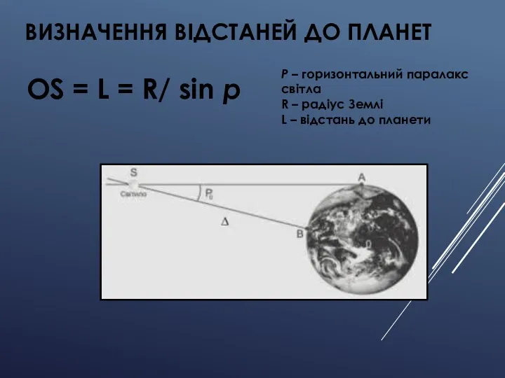 ВИЗНАЧЕННЯ ВІДСТАНЕЙ ДО ПЛАНЕТ P – горизонтальний паралакс світла R