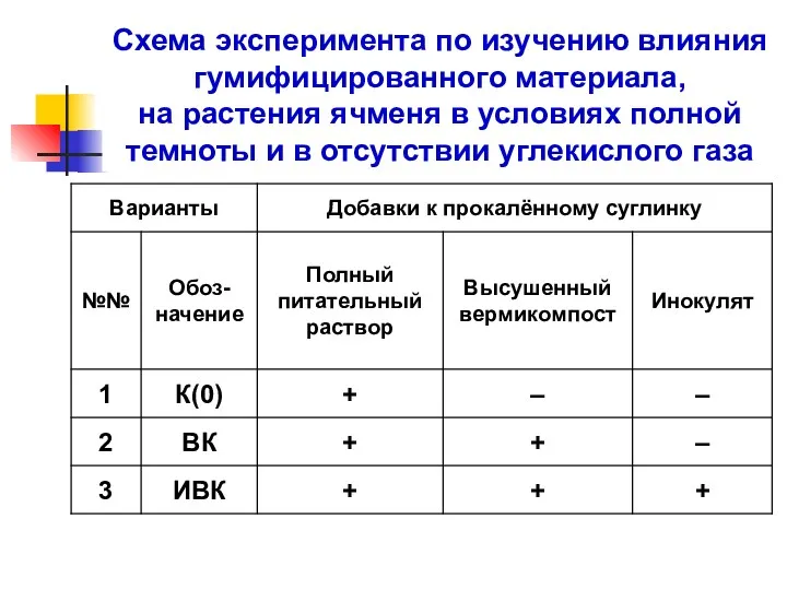 Схема эксперимента по изучению влияния гумифицированного материала, на растения ячменя