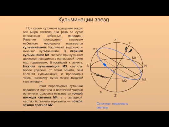 Кульминации звезд При своем суточном вращении вокруг оси мира светила