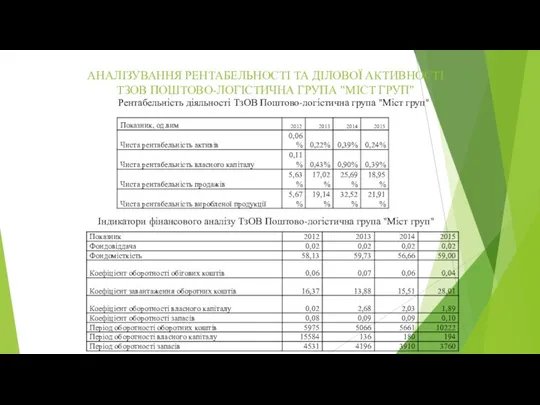 АНАЛІЗУВАННЯ РЕНТАБЕЛЬНОСТІ ТА ДІЛОВОЇ АКТИВНОСТІ ТЗОВ ПОШТОВО-ЛОГІСТИЧНА ГРУПА "МІСТ ГРУП"