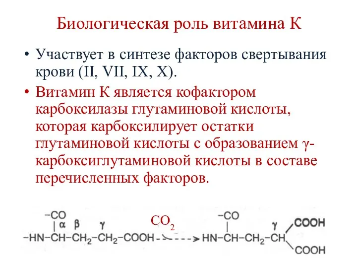 Биологическая роль витамина К Участвует в синтезе факторов свертывания крови