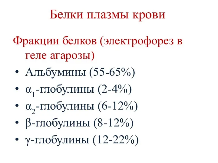 Белки плазмы крови Фракции белков (электрофорез в геле агарозы) Альбумины