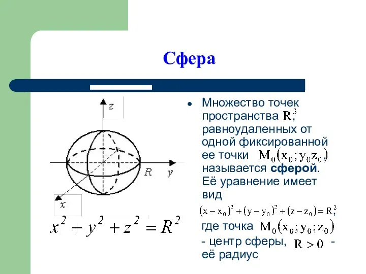 Сфера Множество точек пространства , равноудаленных от одной фиксированной ее