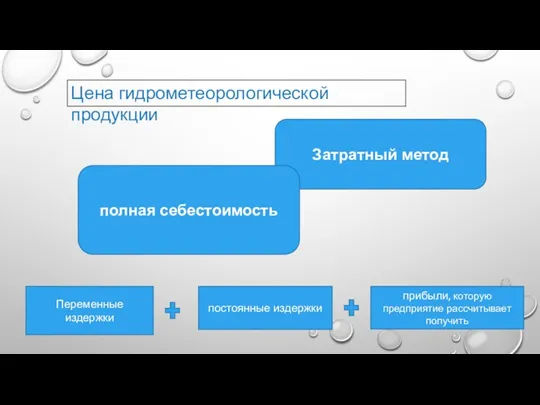 Цена гидрометеорологической продукции Затратный метод полная себестоимость Переменные издержки постоянные издержки прибыли, которую предприятие рассчитывает получить