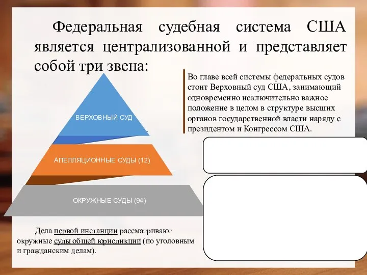 Федеральная судебная система США является централизованной и представляет собой три