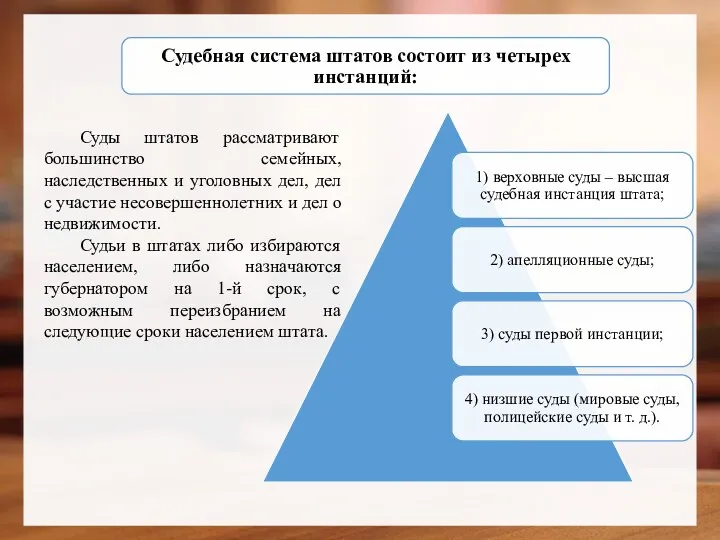 Суды штатов рассматривают большинство семейных, наследственных и уголовных дел, дел