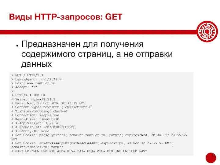 Виды HTTP-запросов: GET Предназначен для получения содержимого страниц, а не