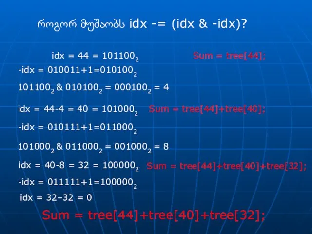 როგორ მუშაობს idx -= (idx & -idx)? idx = 44