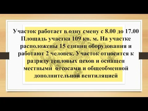 Участок работает в одну смену с 8.00 до 17.00 Площадь