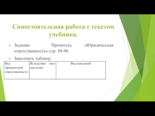 Самостоятельная работа с текстом учебника. Задание: Прочитать «Юридическая ответственность» стр. 89-90. Заполнить таблицу.