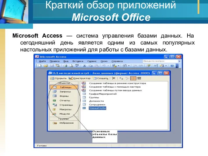 Краткий обзор приложений Мicrosoft Office Microsoft Ассеss — система управления базами данных. На