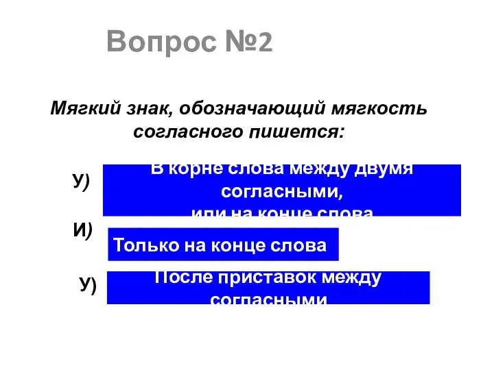 Вопрос №2 Мягкий знак, обозначающий мягкость согласного пишется: В корне