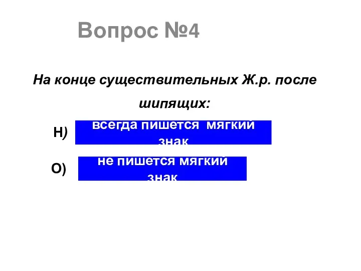 Вопрос №4 На конце существительных Ж.р. после шипящих: всегда пишется