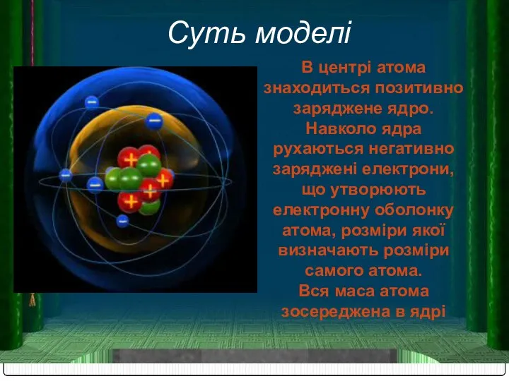 Суть моделі В центрі атома знаходиться позитивно заряджене ядро. Навколо ядра рухаються негативно