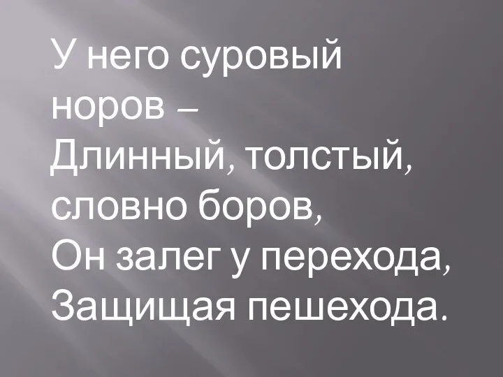 У него суровый норов – Длинный, толстый, словно боров, Он залег у перехода, Защищая пешехода.