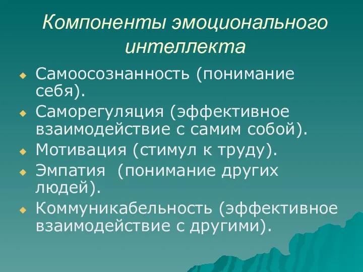 Компоненты эмоционального интеллекта Самоосознанность (понимание себя). Саморегуляция (эффективное взаимодействие с