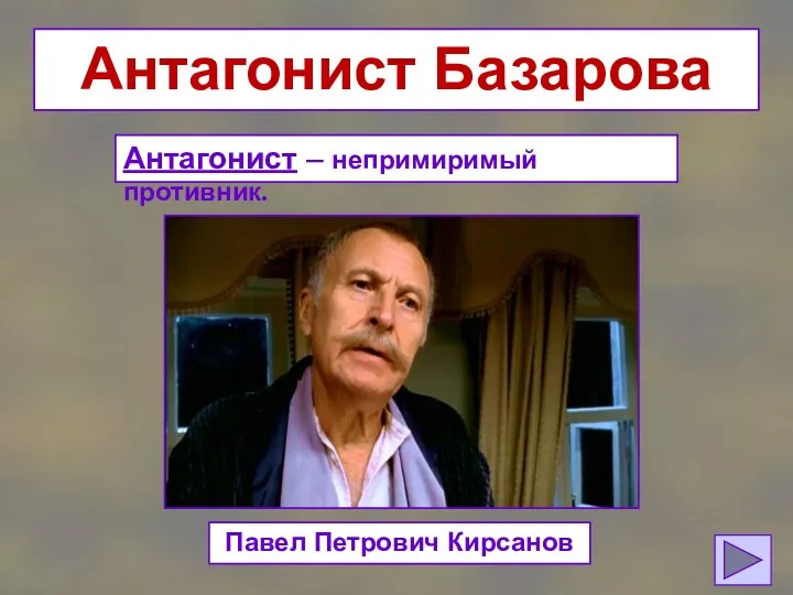 Антагонист Базарова Антагонист – непримиримый противник. Павел Петрович Кирсанов