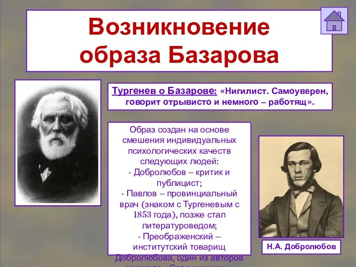 Возникновение образа Базарова Н.А. Добролюбов Тургенев о Базарове: «Нигилист. Самоуверен,
